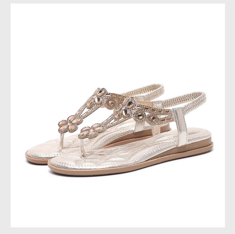 IELTS Run Большие сандалии со стразами Круглая носовая часть Корейская версия Плоский каблук Полый Богемный Удобная женская обувь Лето