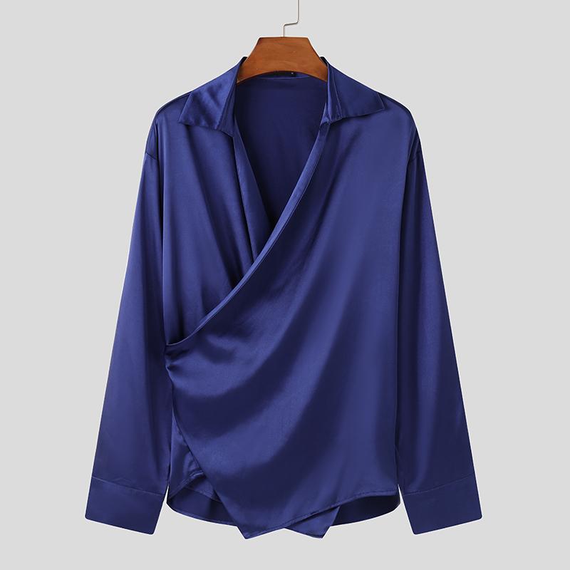 INCERUN Мужские рубашки с V-образным вырезом спереди с перекрестным запахом, атласные топы