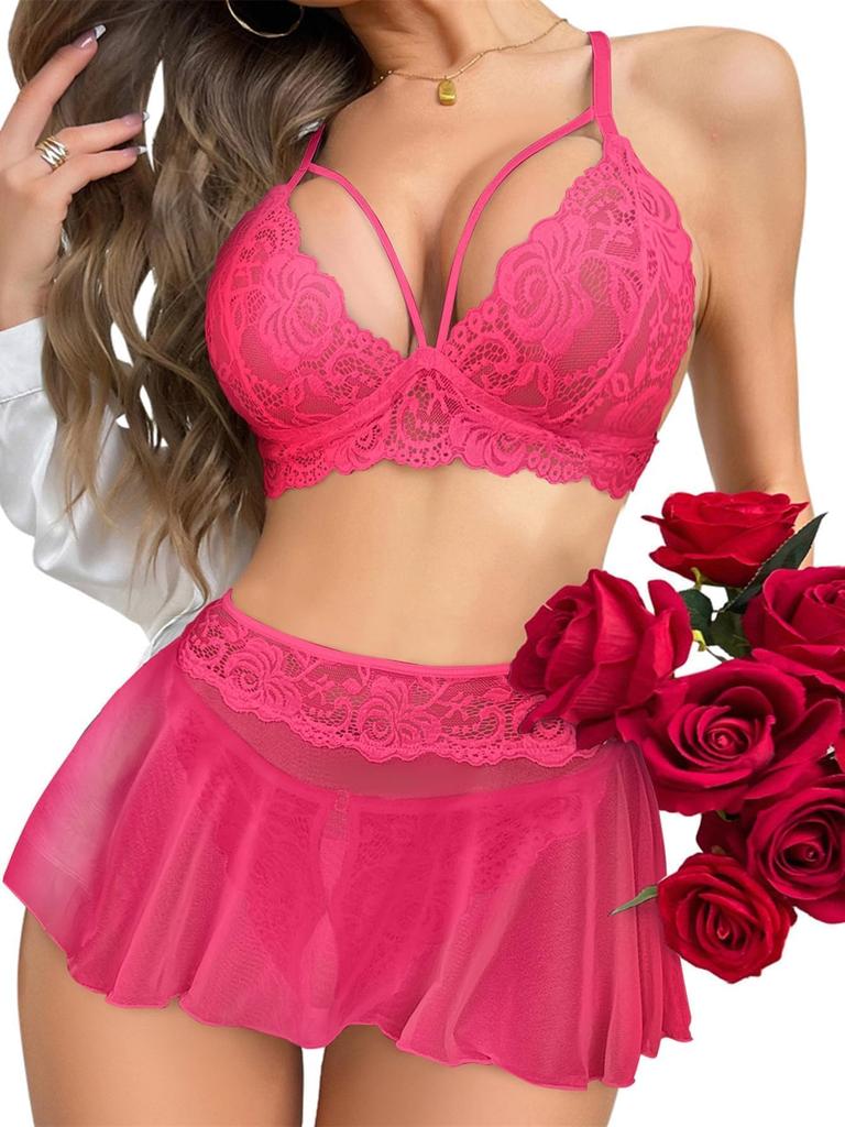 Sexy Mini Skirt with Thong Floral Lace Sheer Bralette Lingerie Set 3 Piece Otufits