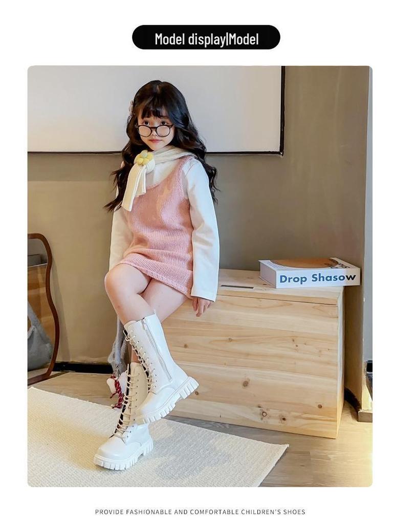 Non-Slip Leather High-Top Kids Boots with Side Zippers, Spring/Autumn, Wear-Resistant, Dr. Martens Inspired, Available in Off-White and Black.