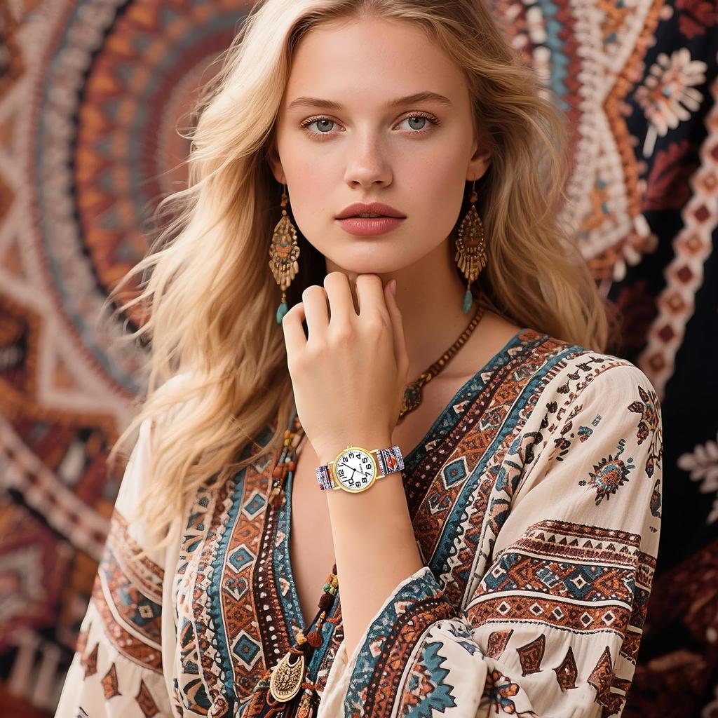 Bohemian Watch with Elastic Strap and Arabic One Size Fits Floral Waterproof Quartz Watch with Stretchable Stainless Steel Analog Colorful Ethnic