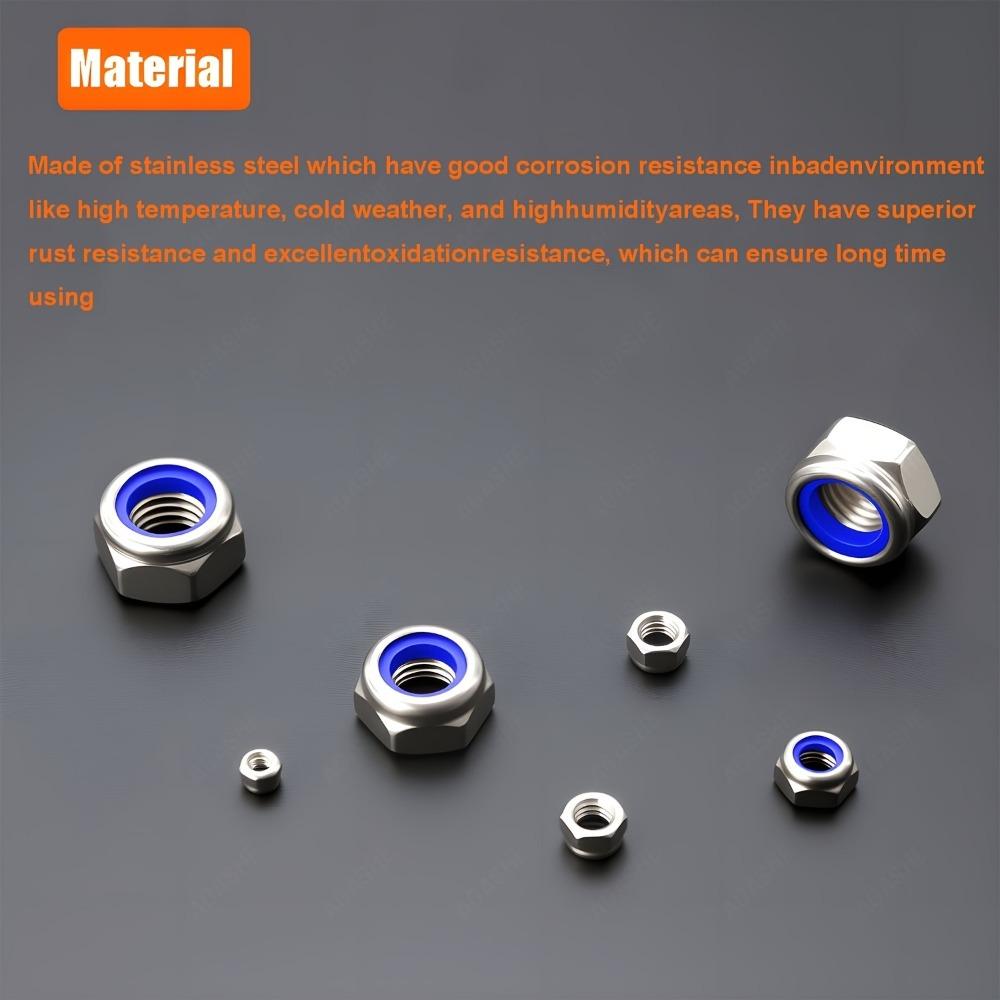220 Pieces of Stainless Steel Nylon Embedded Anti-Slip and Anti-Loosening Self-Locking Nuts, M3 M4 M5 M6 M8 M10 M12