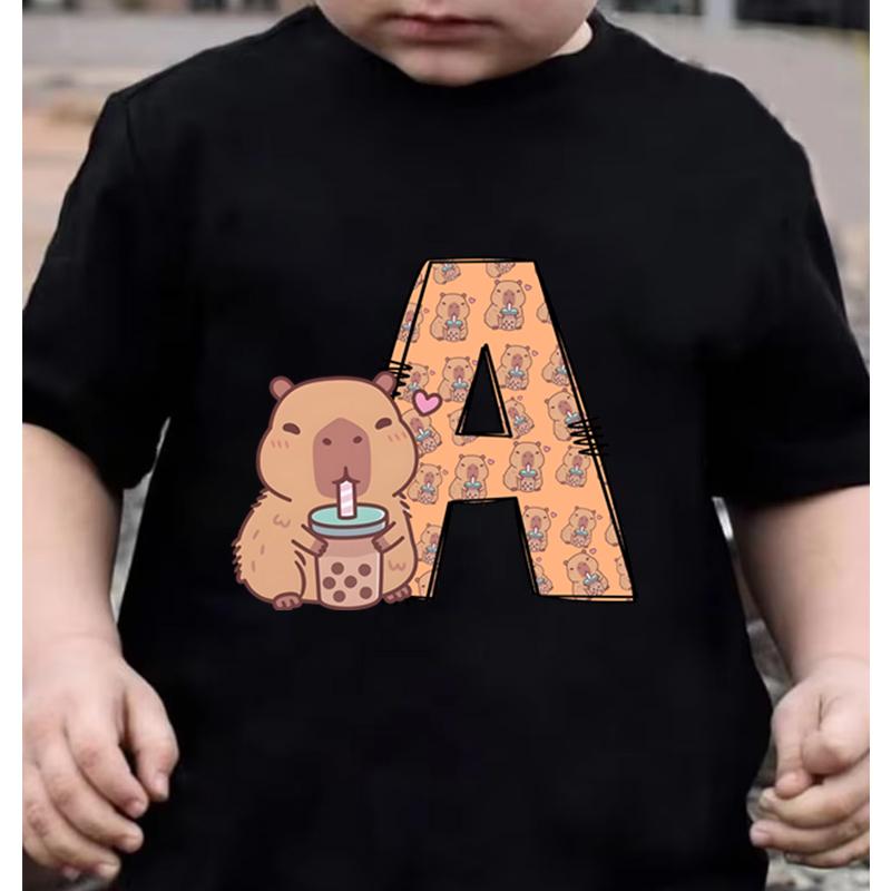 26 Capybara Alphabet Print Kids Tshirt Casual Funny Birthday Gift T Shirt Clothes Short Sleeve Y2K Tops Girls Boys Cotton Tee