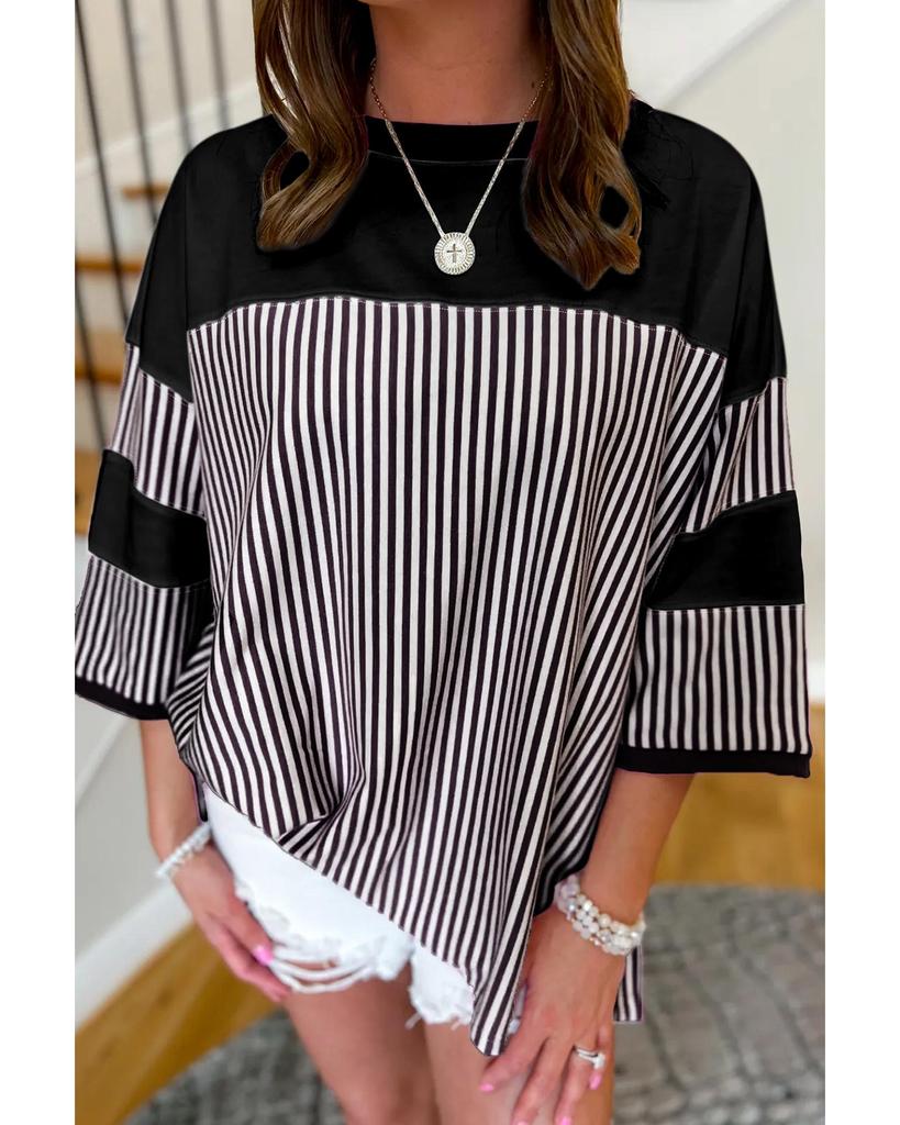 Azura Exchange Black White Striped Patchwork 3/4 Sleeve Oversize Top