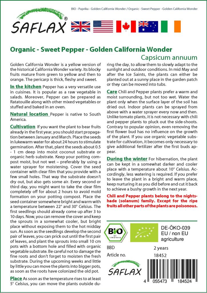 SAFLAX Garden in the Bag - Органический - Перец сладкий - Golden California Wonder - 20 семян - С субстратом в подходящем пакете - Capsicum annuum