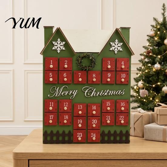 Festive Desktop Decoration Wooden House Christmas Advent Calendar, with 24 Drawers, Countdown to Vintage Style Decor Gift Box, Refillable Xmas