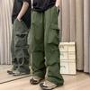 Men Cargo Pants Multi Pockets Solid Color Loose Deep Crotch High Street Hip Hop Elasic Waist Full Length Men Long Trousers