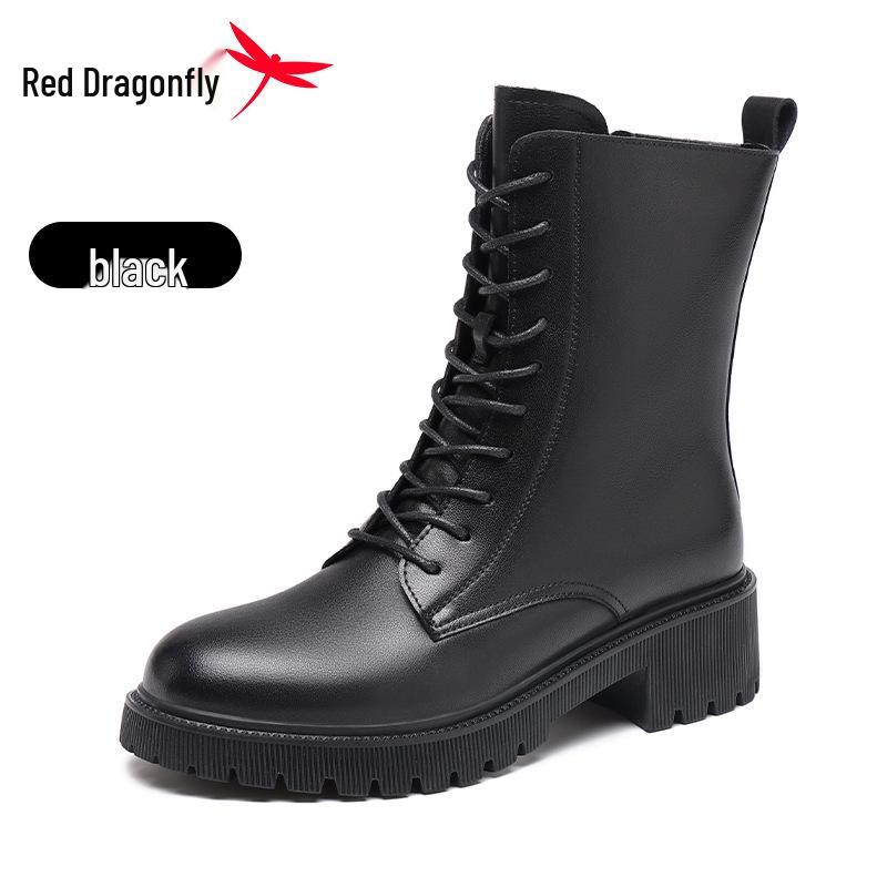 Женские зимние ботинки Martin Red Dragonfly большого размера, на толстой подошве, черные, с бархатной подкладкой, средней длины до середины голени, в британском стиле.