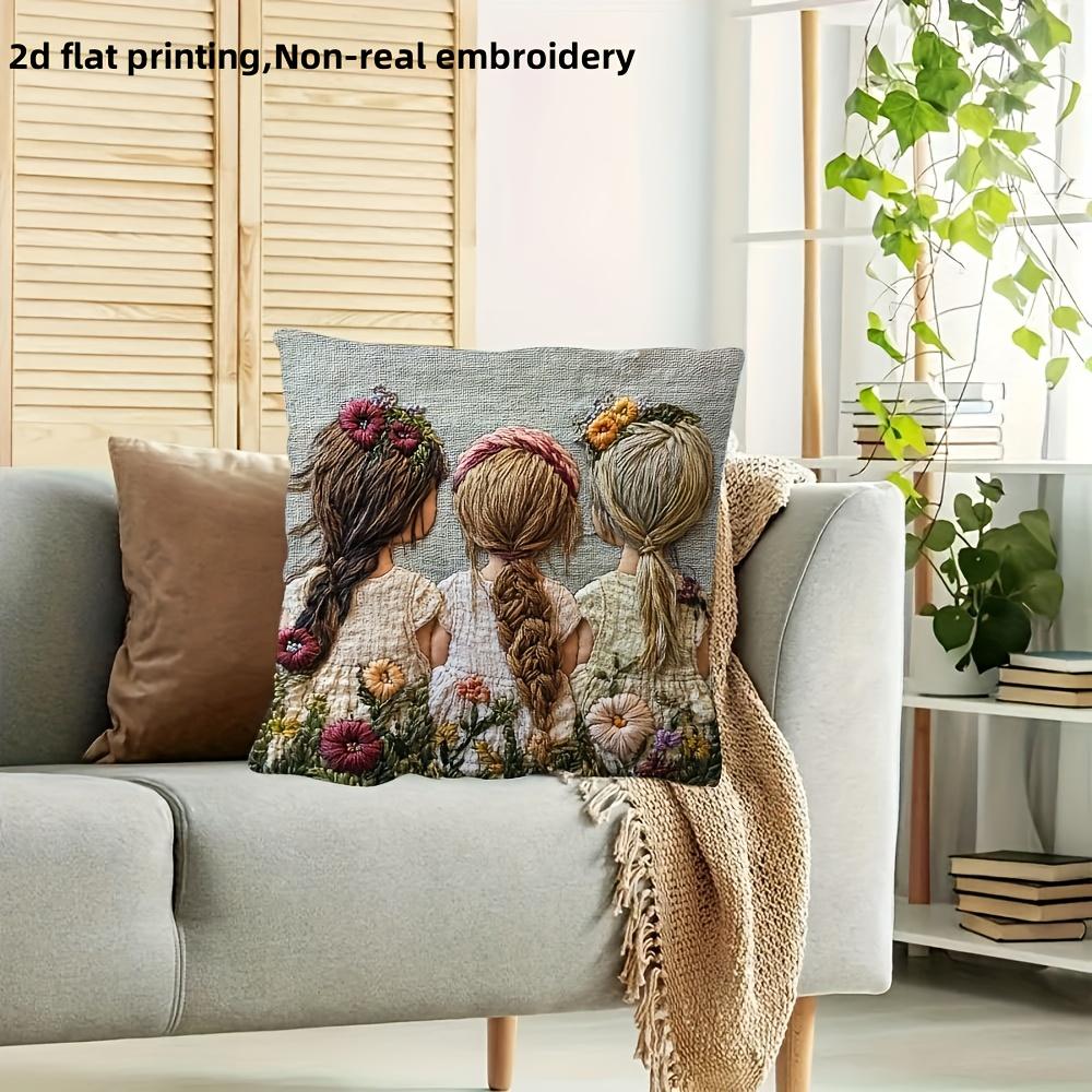 Three Girls Floral Pillow Cover 2D Embroidered Print Boho Friendship Wildflower Cushion Case For Sofa Bed Couch