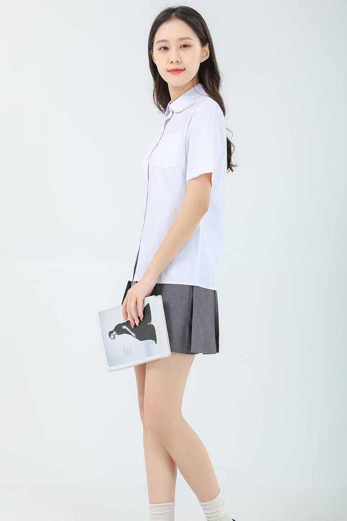 Школьная короткая рубашка с карманом [Sharphon] Рубашка для девочек, Рукав, Воротник, Однотонная, Хлопок, Топ,