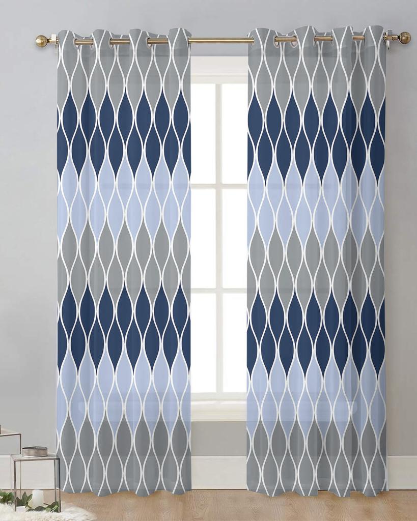 Геометрические серо-голубые занавески середины века для украшения гостиной, оконные занавески, тюль, вуаль, занавески из органзы для кухни