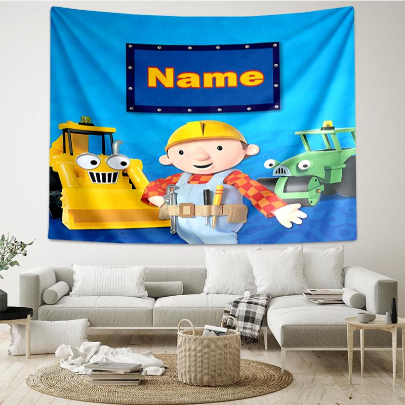 Custom Name Bob the Builder Print Tapestry, Backdrop, Easy Setup, Ideal for Bedroom, Office & Living Room, with Aesthetic Wall Hanging Decor.