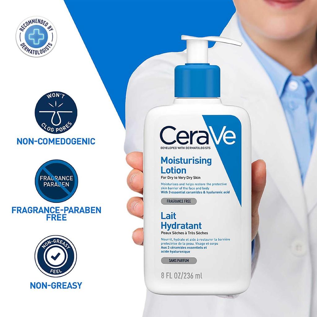 CeraVe Увлажняющий лосьон для сухой кожи (236мл) - Состав: 3 незаменимых церамида и гиалуроновая кислота | Некомедогенный, без масел и отдушек-