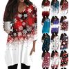 Womens Tops V-neck 3/4 Sleeve Blouses Casual Mid-length Shirts Fashion Christmas Print Tunic Tops With Pockets