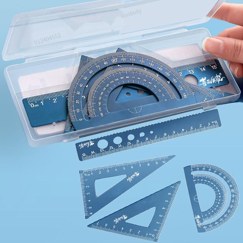 4 In 1 Aluminum Alloy Ruler Stationery Set Aluminum Alloy Multifunctional Combination Ruler Triangle Protractor for Drawing
