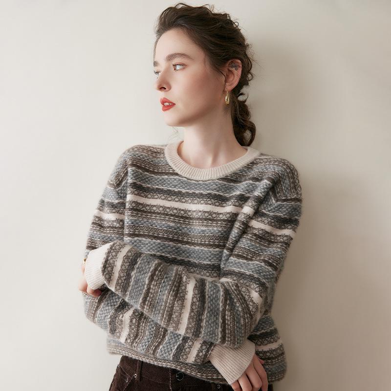 Ретро Кашемировый Свитер Fair Isle для Женщин, Утолщенный, С Круглым Вырезом, Свободный Вязаный Топ