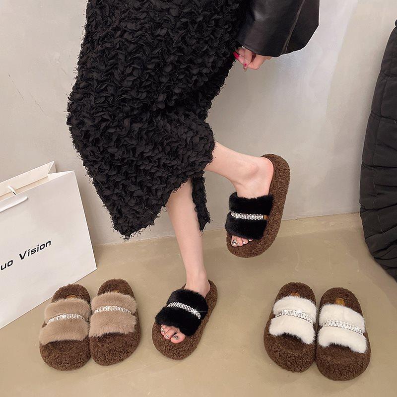 2025 Warm and Bright New Drill Fluffy Slippers Women's Fluffy Cotton Mop Autumn and Winter Wear Fluffy Shoes Thick Soles Go Out