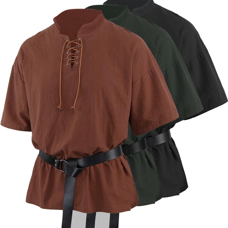 Ренессанс Средневековый рюшами Пиратская повязка с коротким рукавом Фестиваль Хиппи Готический пират Бохо Курта Повседневная рубашка