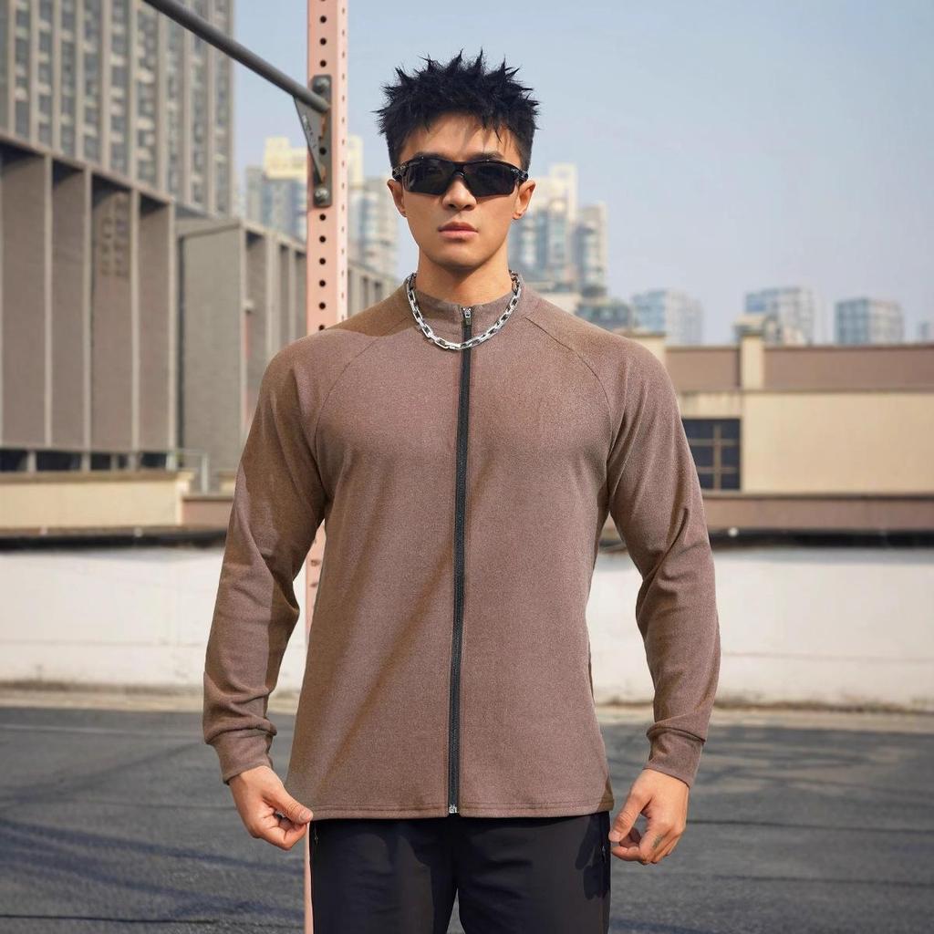 Мужская повседневная велюровая футболка с длинным рукавом для тренировки мышц - эластичный воротник-стойка на молнии