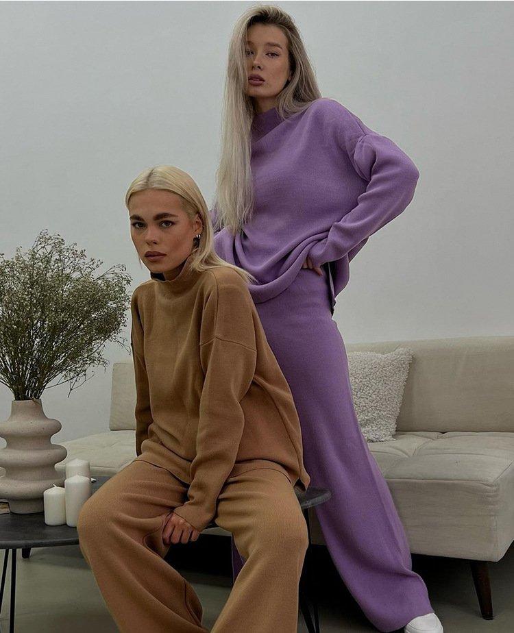 2026 Hot Sale Solid Color Two Piece Set Women Irregular Split Top Wide Leg Pants Casual Loose