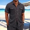 Summer Men's Waffle Short Sleeved Casual Solid Color Shirt