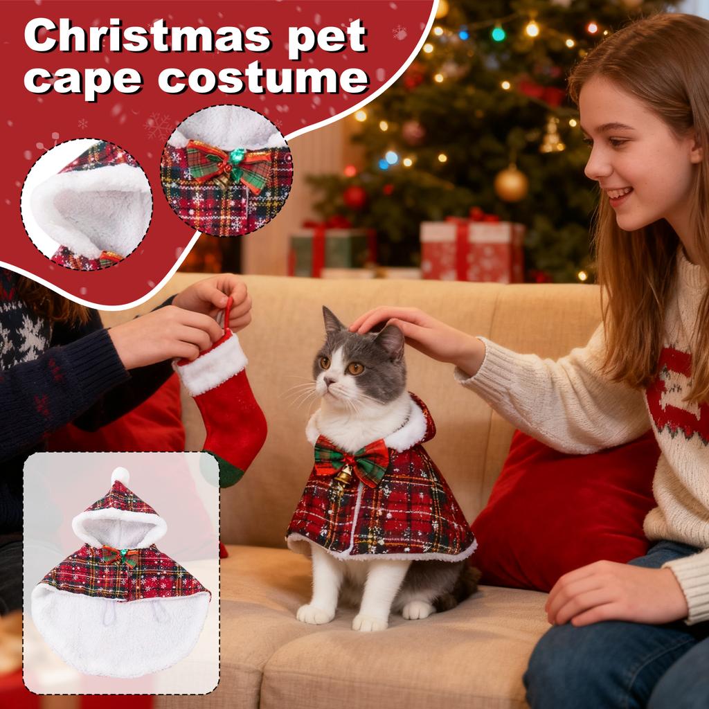 Рождественская клетчатая накидка для питомца с капюшоном - Праздничный плащ для питомца, Теплое флисовое пальто для собак и кошек, Праздничный костюм для питомца с бантом и колокольчиком