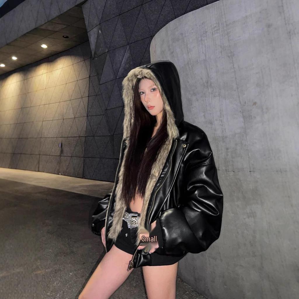 2024 Экологичная двусторонняя кожаная куртка с капюшоном из искусственного меха норки и бархата