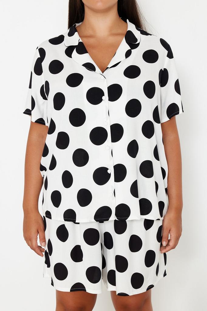 Women's Style Plus Size Pajama Set Pink Shirt Collar Polka Dot Woven Pajama Set