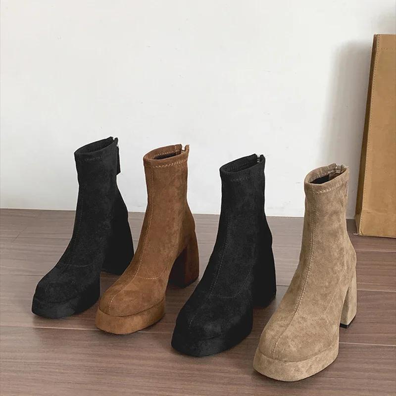 Designer Winter Women Modern Ankle Boots Short Plush Short Booties Ladies Platform Square High Heels Shoes
