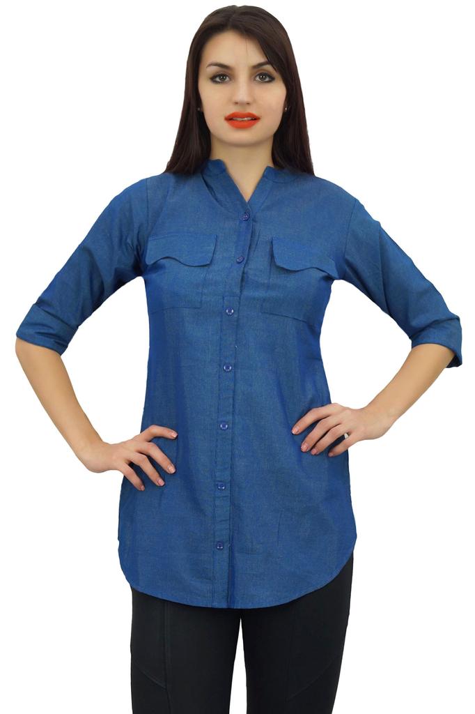 Phagun Женская рубашка с рукавами 3-4, синяя, на пуговицах, блузка, повседневная туника, топ -