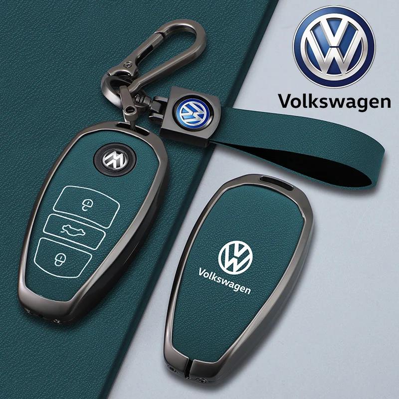 Valve Stems Caps For VOLKSWAGEN VW Zinc Alloy Leather Car Smart Remote Key Case Cover Protector Holder Shell For VW Touareg L20 VG7Y3