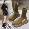 Ботильоны на платформе с носками, женские осенне-зимние повседневные высокие эластичные удобные ботинки из трикотажной ткани, женские ботинки на толстой подошве