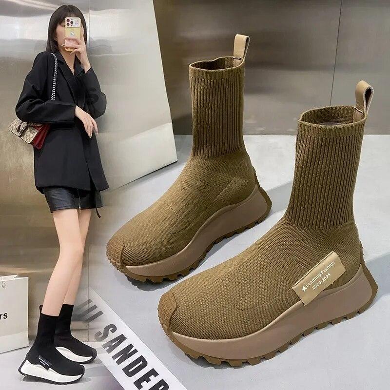 Ботильоны на платформе с носками, женские осенне-зимние повседневные высокие эластичные удобные ботинки из трикотажной ткани, женские ботинки на толстой подошве