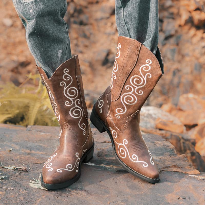 Fashion Western Motorcycle Knight Cowboy Boots Leather Man High Top Walking Footwear Men Shoe Men Stylish Embroidered Mid Calf Boots