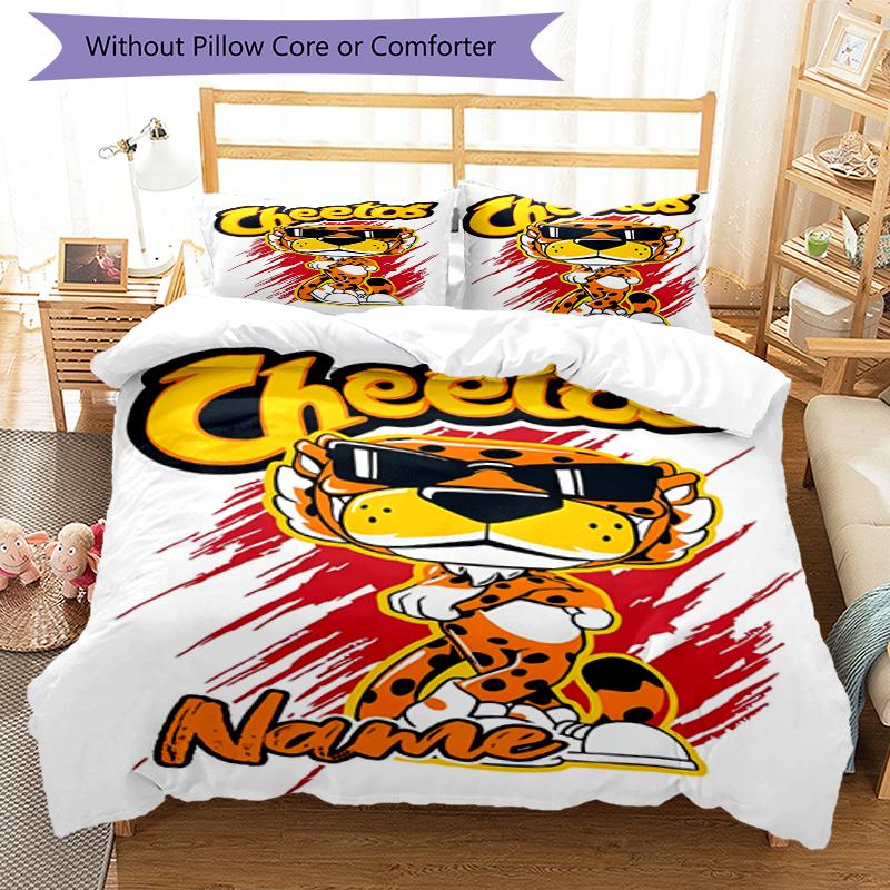 3pcs Custom Name Cheetos Bedding Set Duvet Cover Closure Includes 1 Duvet Cover & 2 Pillowcases, Soft and Comfortable for All Seasons.
