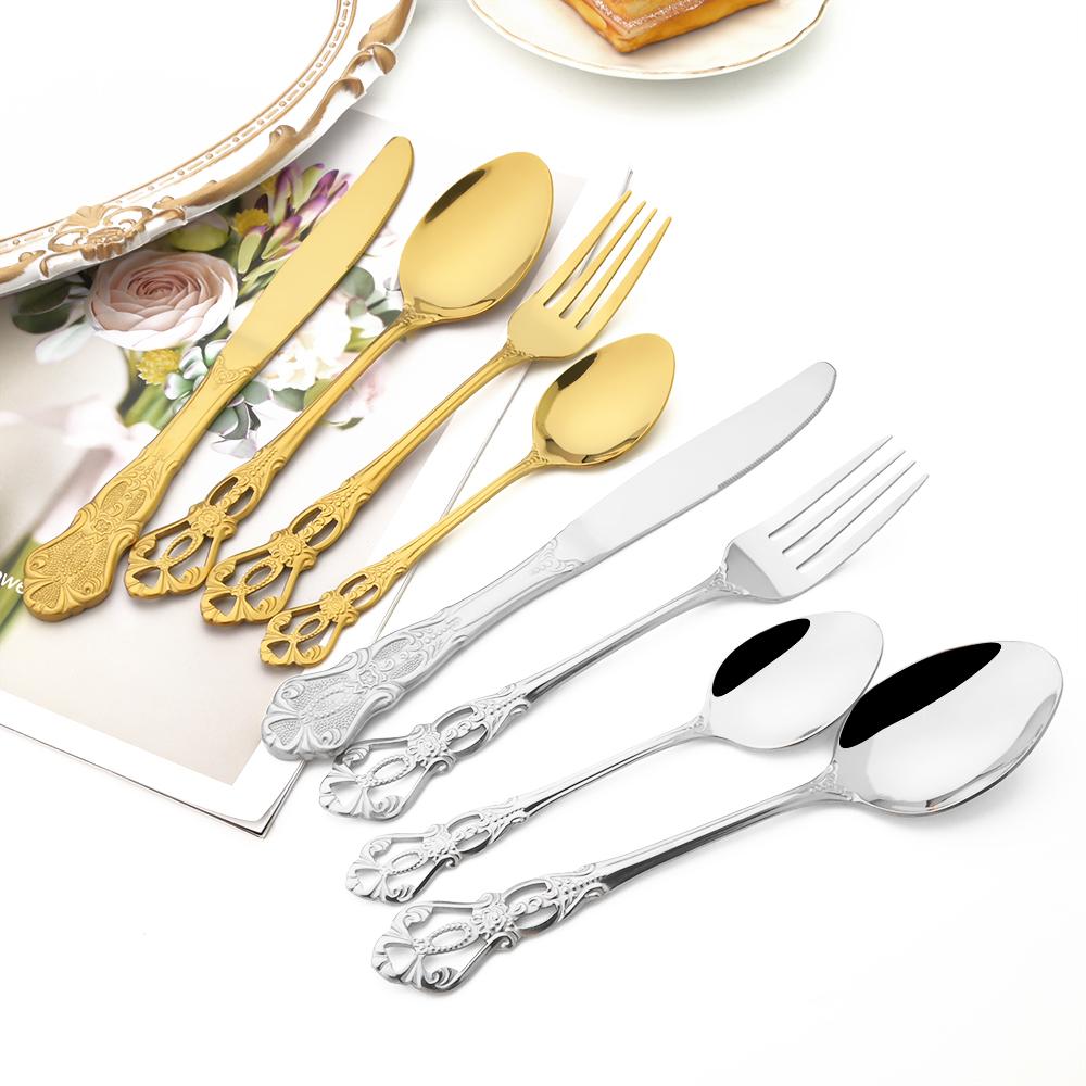 24pcs Gold Cutlery Set Royal Dinnerware Stainless Steel Silverware Spoon Fork Knife Kitchen Silverware Set Western Tableware
