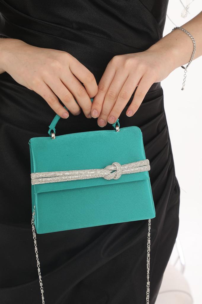 Women's Stylish and Useful Evening Dress Bag Black Color Suede Material Stone Accessory Magnetic Closure Shoulder Strap Available (Small Size)