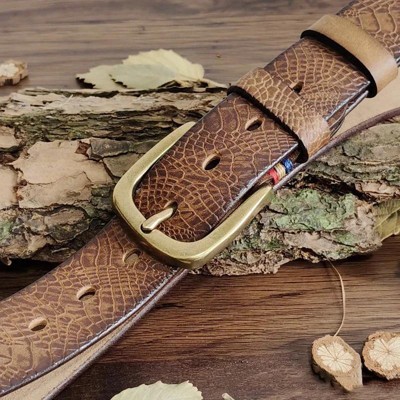 Top Cow Genuine Leather Brass Buckle Belts for Men Luxury Designer High Quality Fashion Style Vintage Embossing Cowboy Male Belt