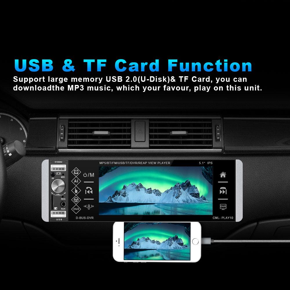 Podofo Универсальный 5,1-дюймовый автомобильный радиоприемник с одним Din, MP5-плеер, авторадио, голосовой помощник, сенсорный экран, Bluetooth, FM, AUX, USB, SD, автомобильный видеорегистратор, видеоплеер