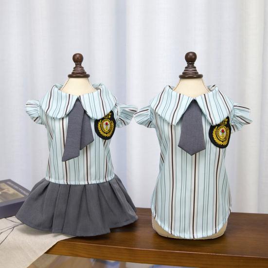 Pet Preppy Dress Shirt Summer Puppy Fly Sleeves Embroidered Badge Tie Striped Dress Top Breathable Pet Costume Outfit Apparel for Small Dogs