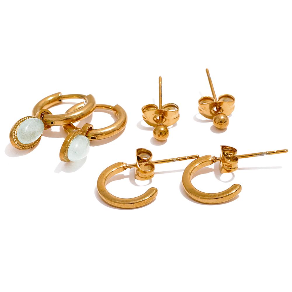 Yhpup 1 Set Fashion Natural Stone Drop Stainless Steel C Shape Geometric Stud Earrings Set Women Golden Chic Jewelry Gala Gift