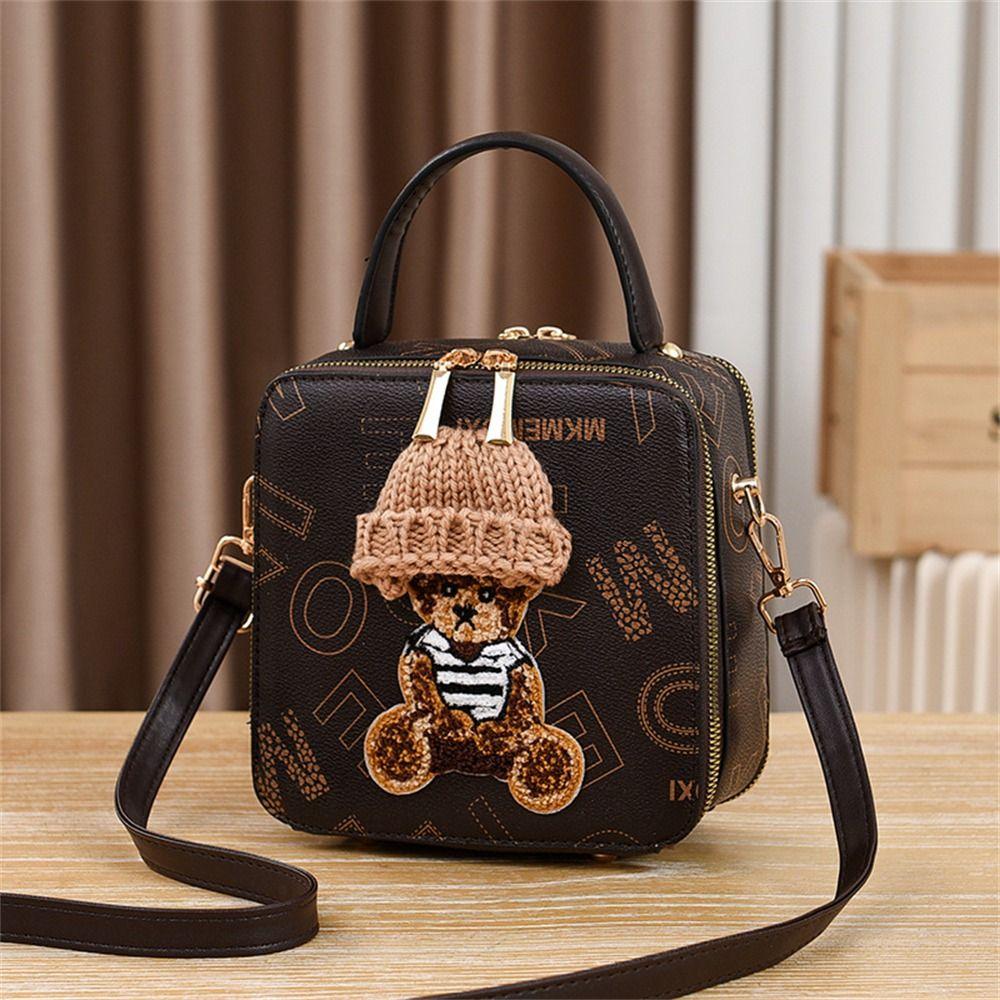 PU Leather Shoulder Bags Fashion Simple Cute Cartoon Bear Crossbody Bag Messenger Bag Women Female Small Square Bag Handbags
