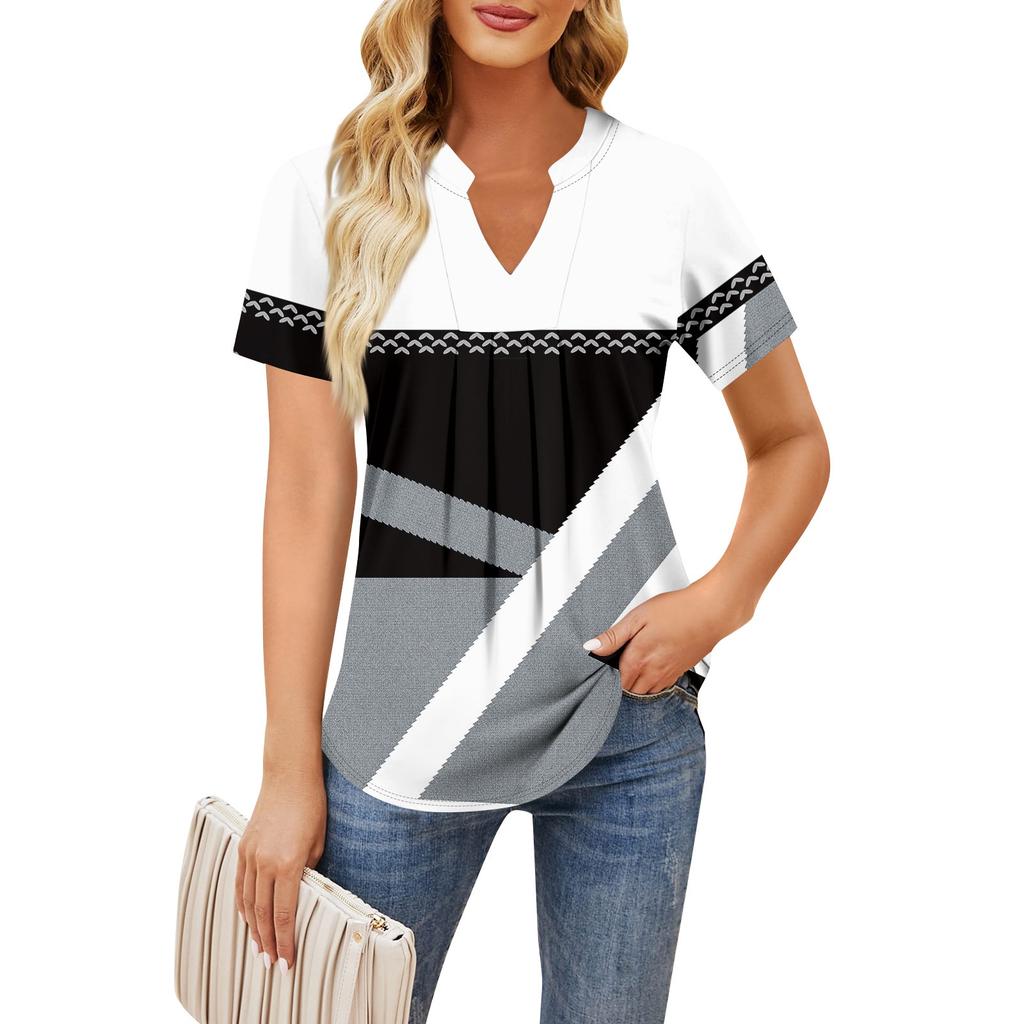 Women's Short Sleeve Casual V-neck Chest Pleated Printed Loose T-shirt Top
