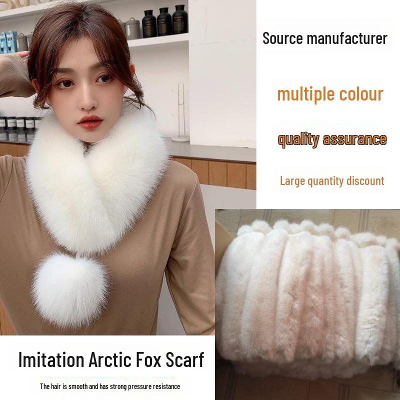 Luxurious Faux Mink Fox Fur Winter Scarf with Ribbon and Pom-Pom Trim
