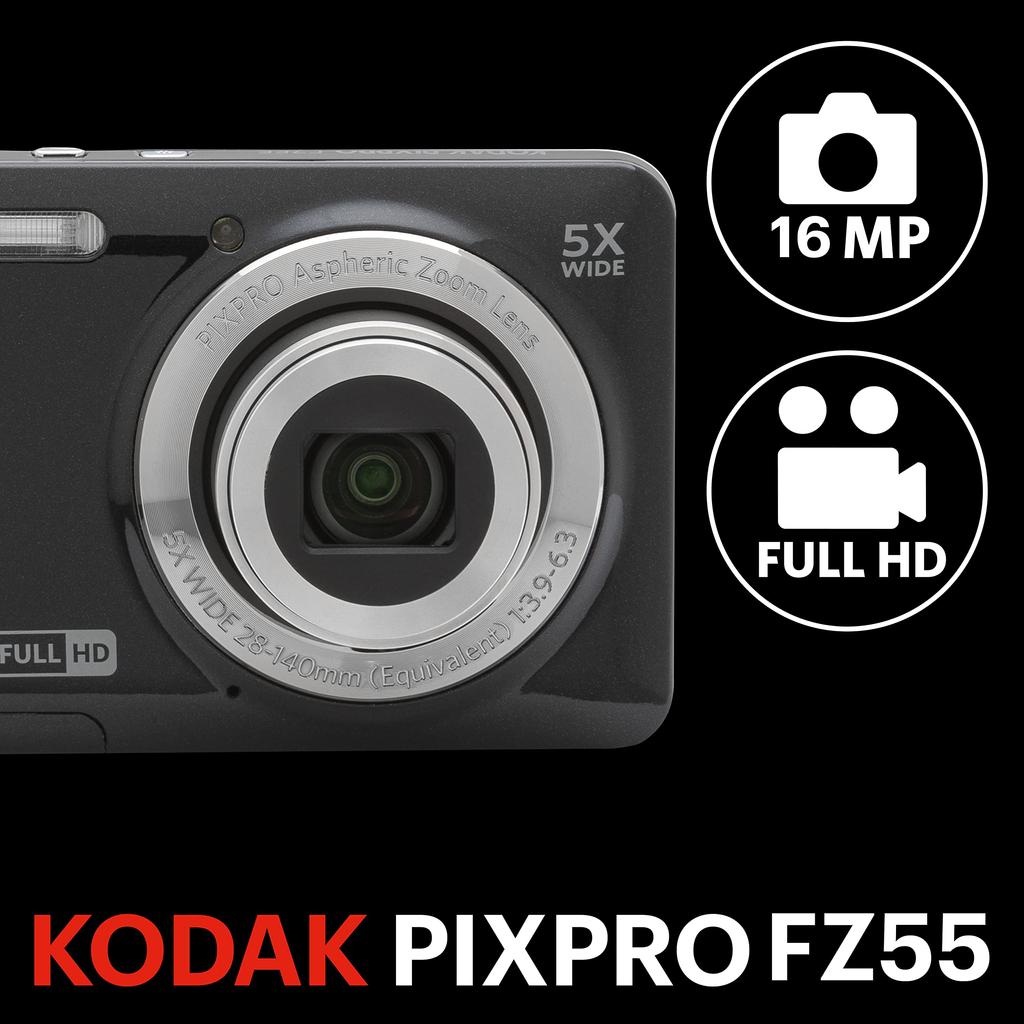 Kodak PIXPRO Easy To Use Zoom 16MP Digital Camera 5x Optical Zoom Wide Angle 28mm Inch LCD Screen FZ55-BK 2.7 (Black)