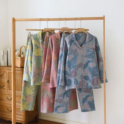 Пижама в стиле ретро с длинными рукавами для женщин, двухсторонняя жаккардовая двухслойная хлопковая пряжа, пижама с отложным воротником, домашняя одежда