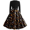 Halloween Print Flare Dress For Women Long Sleeve Dress Hollow Party Casual Dresses