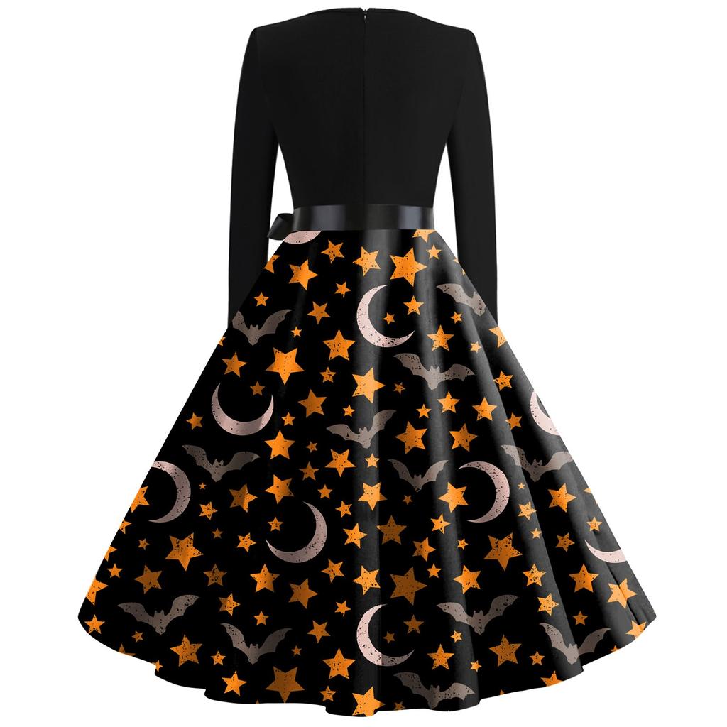 Halloween Print Flare Dress For Women Long Sleeve Dress Hollow Party Casual Dresses