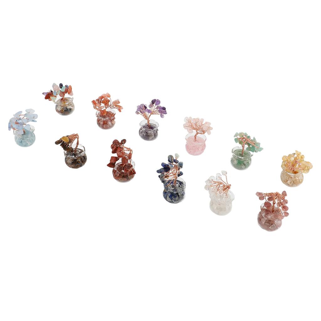 12PCS Mini Tree Figurine Crystal Leaves Glass Bowl Feng Shui Tree Ornament for Home Car Office Desk