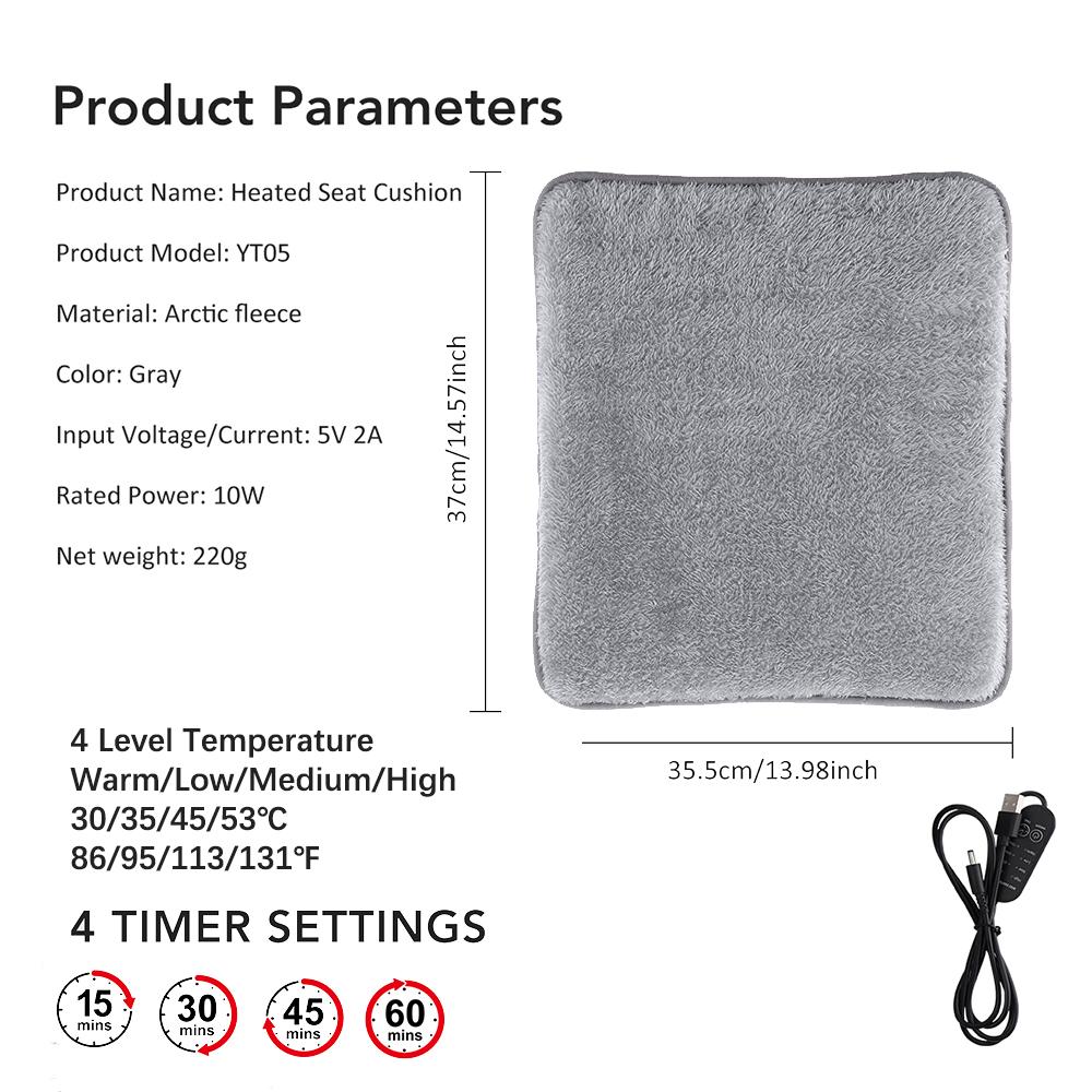 USB Electric Heating Pad Winter Car Cushion Heater for Office Travel Home Sofa Chair Seat 3 Heat 4 Timer Warming Mat Washable